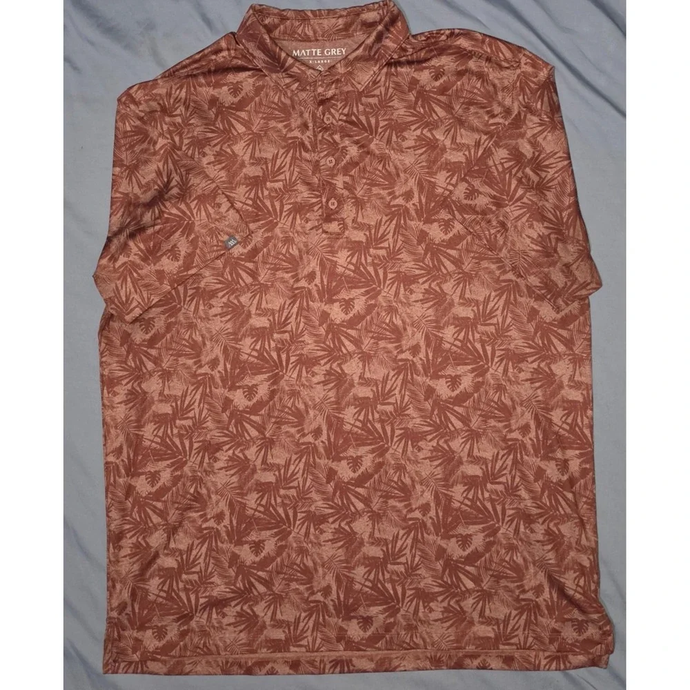 Matte Grey Red Palm AOP Print Mens Golf Polo Size XL